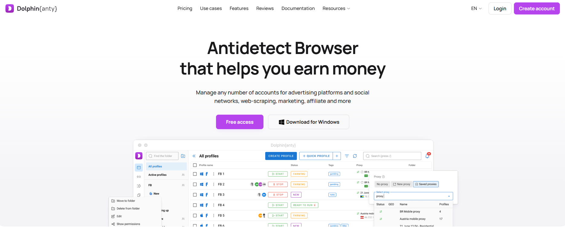 Dolphin Anty antidetect browser for browser profile management, proxy integration, and multi-account workflows